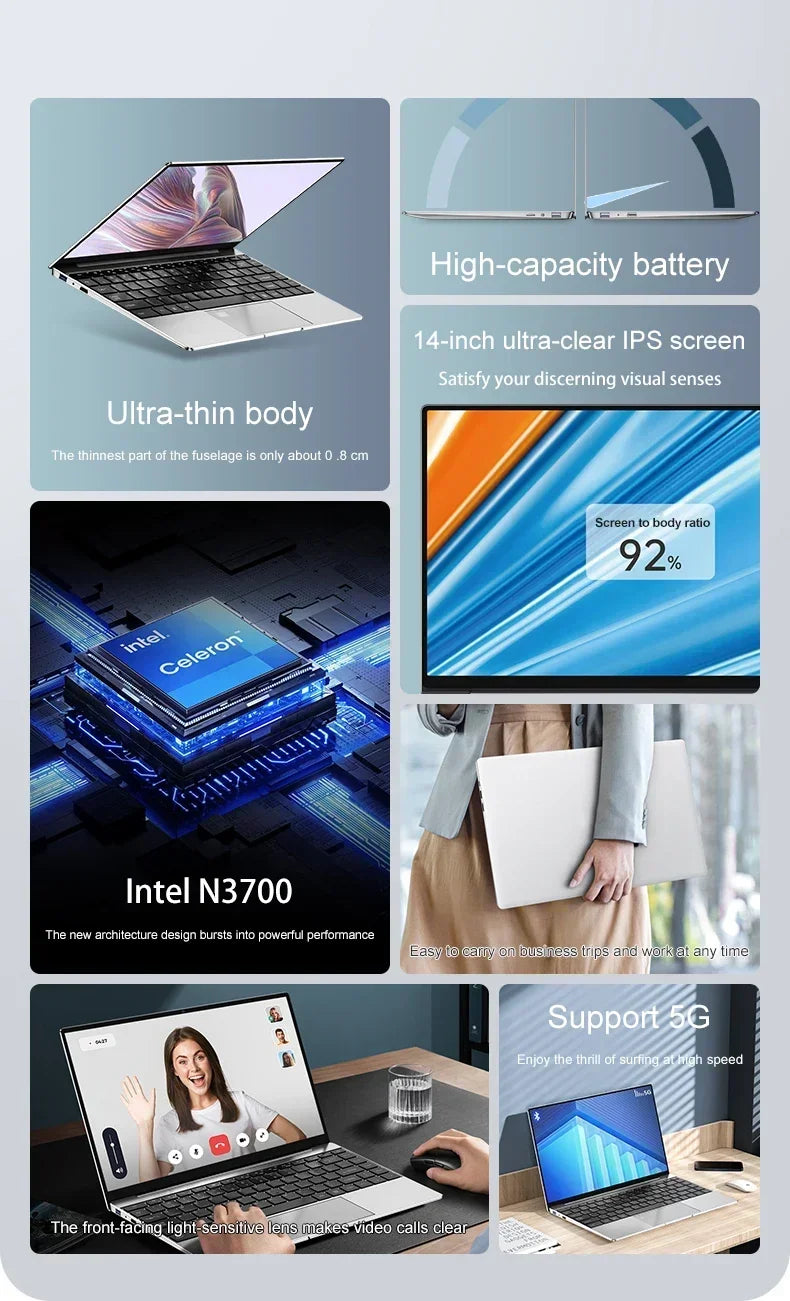 14.1 "ordinateur portable Ultra mince 16GB RAM 2 to SSD Intel N3700 ordinateur portable Gamer 1920*1080 affichage bureau étude ordinateur PC Windows 11 Pro