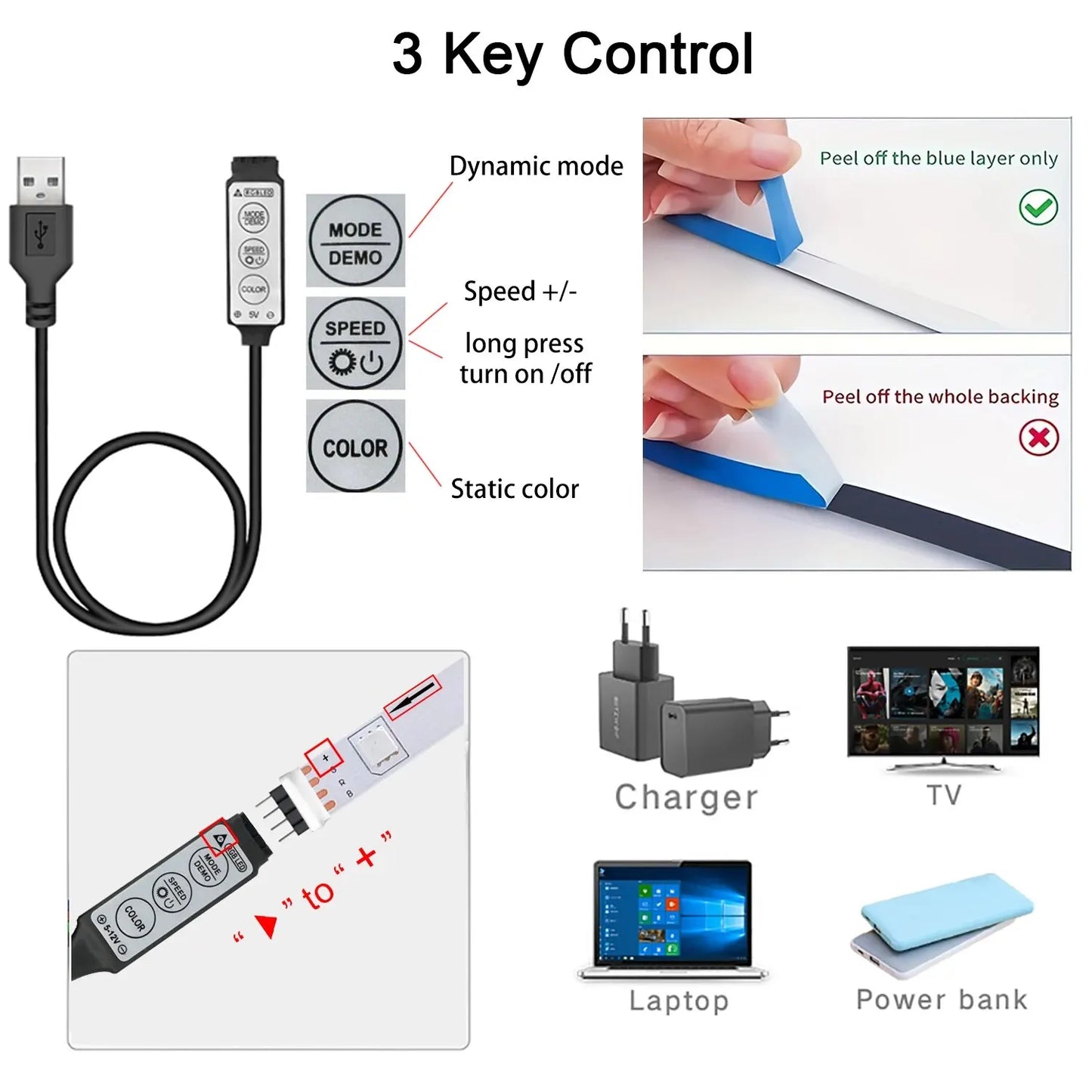 Bande lumineuse LED pour rétroéclairage TV, ruban flexible, USB, 5V, 3 touches de contrôle, décoration de fête à la maison