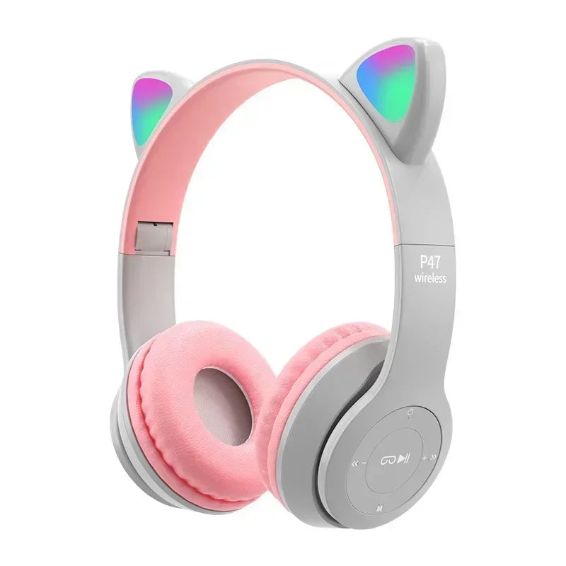 P47M casque sans fil Flash lumière oreilles de chat mignonnes Fone avec contrôle du micro LED stéréo musique casque téléphone Bluetooth casque cadeau