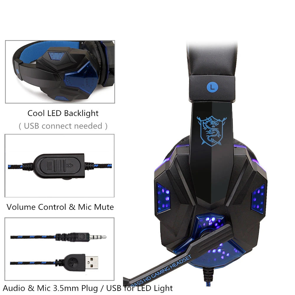 Écouteurs de jeu filaires à lumière LED, avec Microphone, casque de Gamer antibruit, pour PC, ordinateur portable, PS4, PS5, Xbox