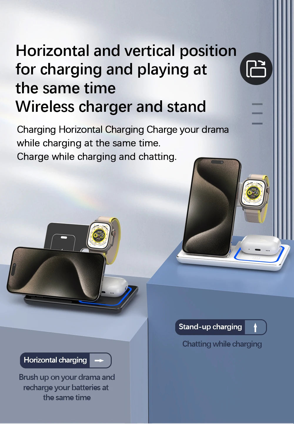 Support de chargeur rapide sans fil LED, station de charge pliable 3 en 1, iPhone 15, 14, 13, 12, 11, Apple Watch 9, 8, 7, 6, 5, Airpods Pro, 30W