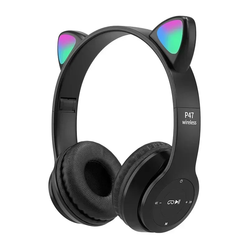 P47M casque sans fil Flash lumière oreilles de chat mignonnes Fone avec contrôle du micro LED stéréo musique casque téléphone Bluetooth casque cadeau