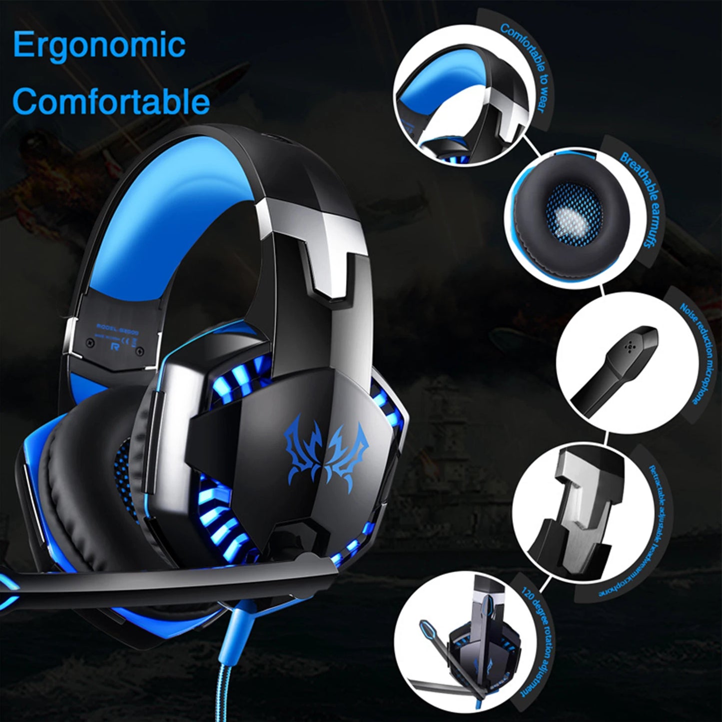 KOTION EACH G2000 Gaming Headset Deep Bass Stereo Game Headphone with Microphone LED Light Soft Memory Earmuffs for PC Laptop