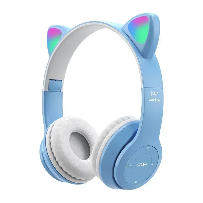 P47M casque sans fil Flash lumière oreilles de chat mignonnes Fone avec contrôle du micro LED stéréo musique casque téléphone Bluetooth casque cadeau