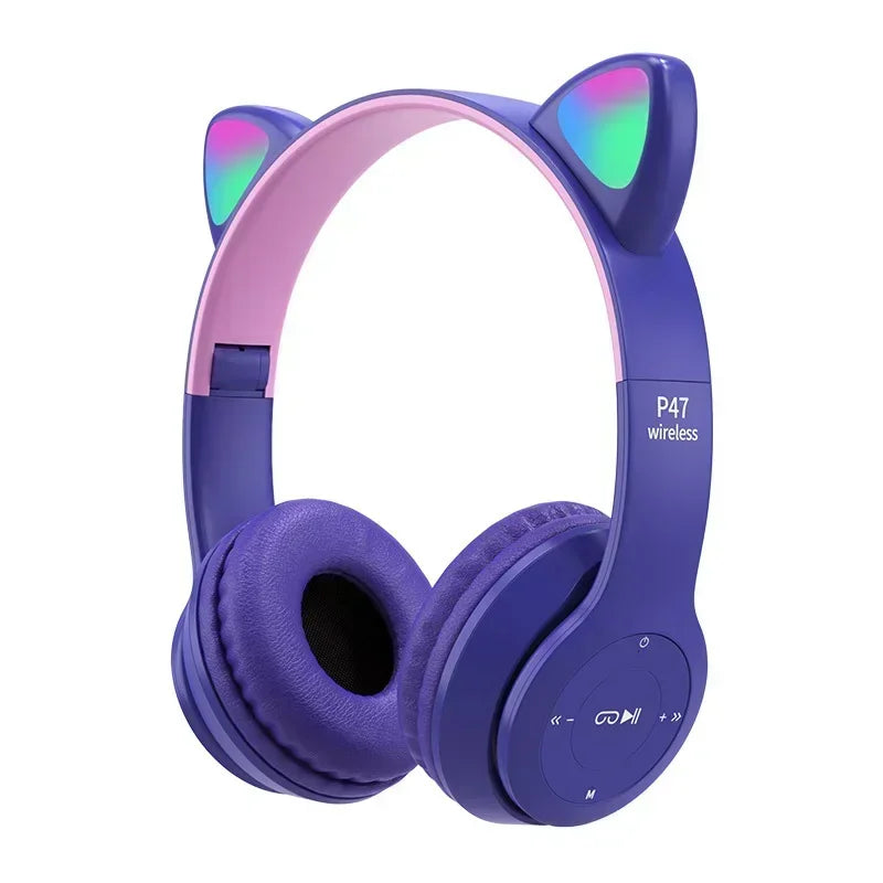 P47M casque sans fil Flash lumière oreilles de chat mignonnes Fone avec contrôle du micro LED stéréo musique casque téléphone Bluetooth casque cadeau