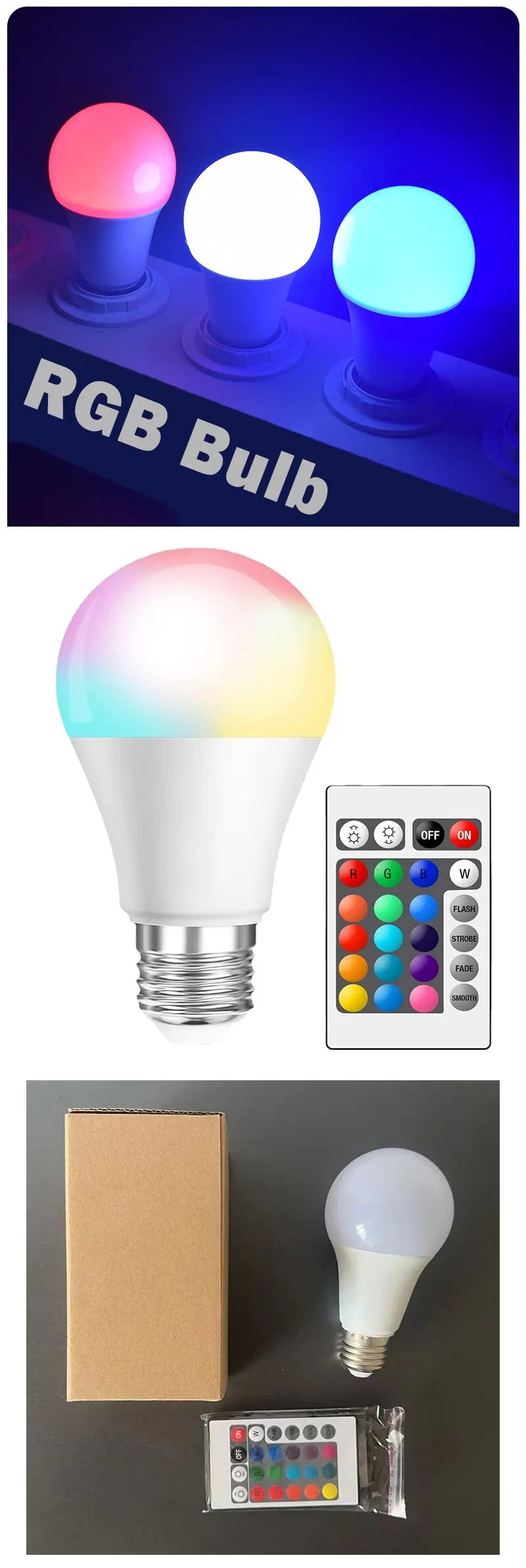 Ampoule LED multicolore RGB, 16 couleurs, Base E27, 220V, éclairage domestique, intensité variable, 24 touches, télécommande, lumière néon d'ambiance