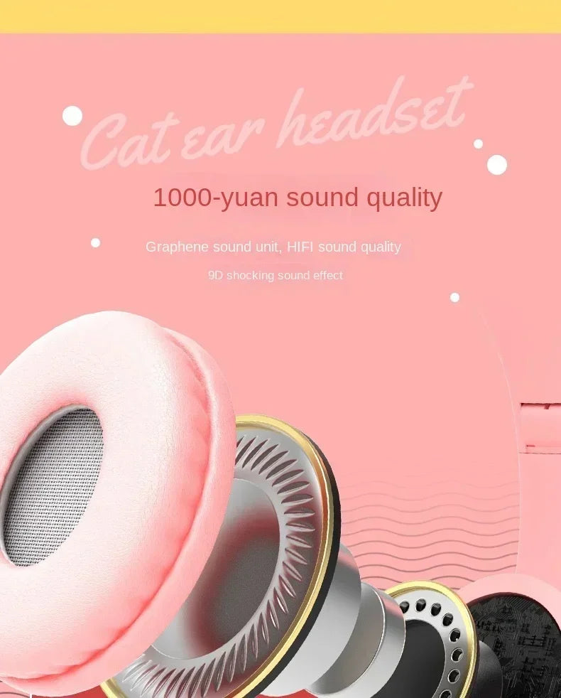 P47M casque sans fil Flash lumière oreilles de chat mignonnes Fone avec contrôle du micro LED stéréo musique casque téléphone Bluetooth casque cadeau