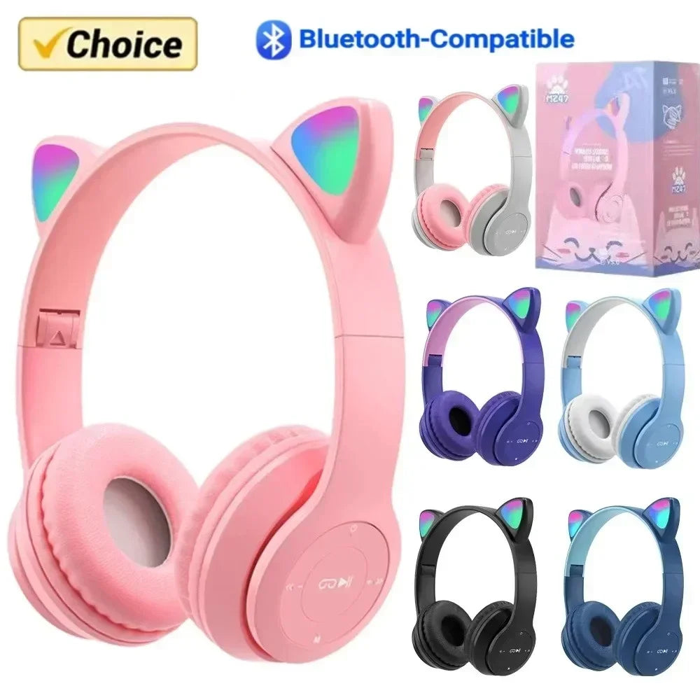 P47M casque sans fil Flash lumière oreilles de chat mignonnes Fone avec contrôle du micro LED stéréo musique casque téléphone Bluetooth casque cadeau