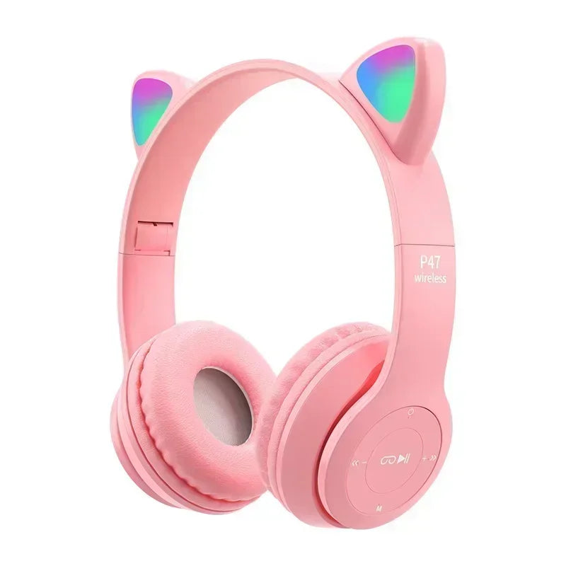 P47M casque sans fil Flash lumière oreilles de chat mignonnes Fone avec contrôle du micro LED stéréo musique casque téléphone Bluetooth casque cadeau