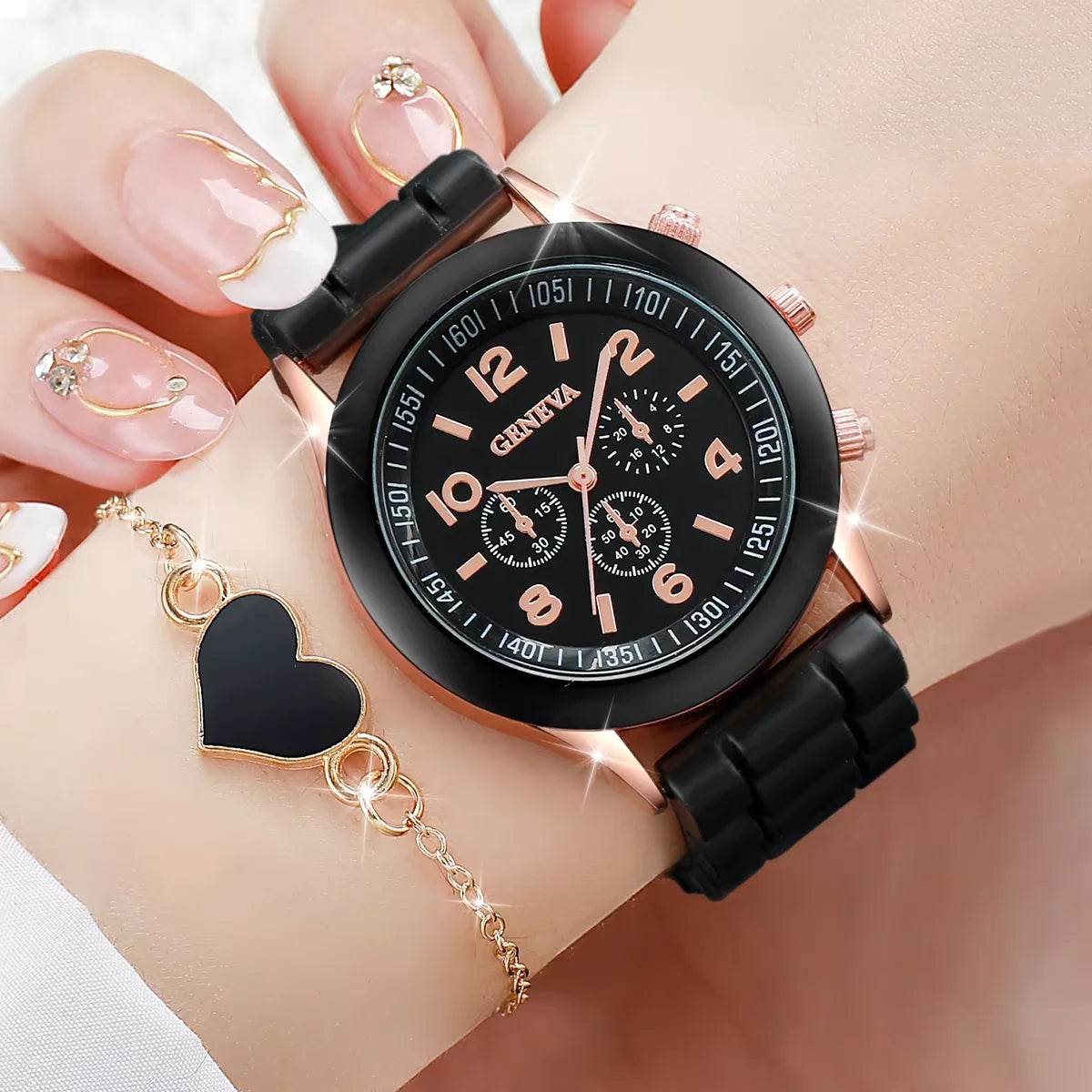 Ensemble de montres à quartz avec bracelet en silicone pour femme, horloge à la mode, cadeau pour fille, sans boîte, 5 pièces, 6 pièces