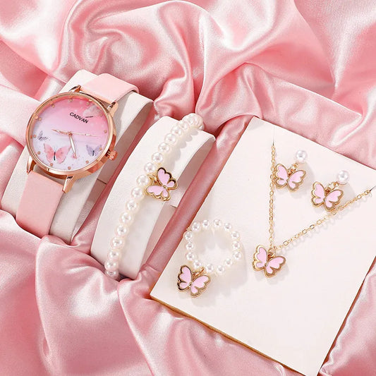 6PCS Set Women Fashion Quartz Watch Female Clock Pink Butterfly Dial Luxury Brand Design Ladies Leather Wrist Watch Montre Femme