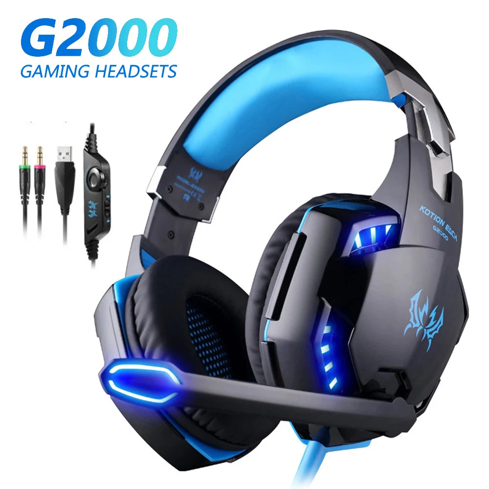 KOTION EACH G2000 Gaming Headset Deep Bass Stereo Game Headphone with Microphone LED Light Soft Memory Earmuffs for PC Laptop