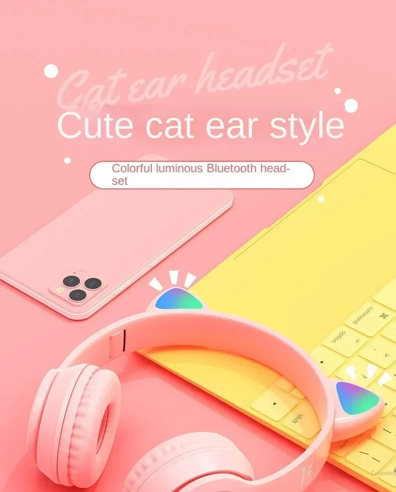 P47M casque sans fil Flash lumière oreilles de chat mignonnes Fone avec contrôle du micro LED stéréo musique casque téléphone Bluetooth casque cadeau