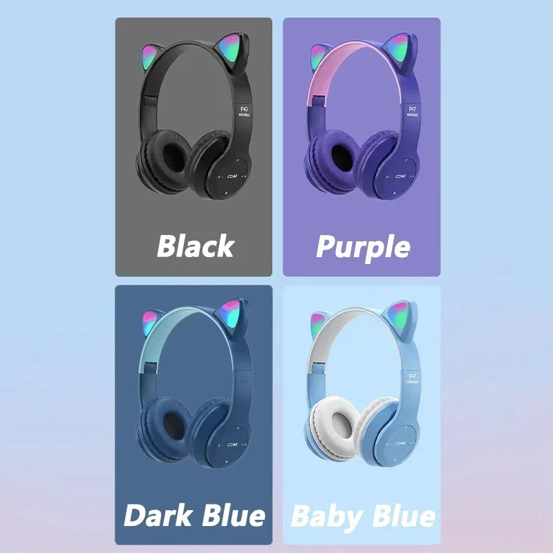 P47M casque sans fil Flash lumière oreilles de chat mignonnes Fone avec contrôle du micro LED stéréo musique casque téléphone Bluetooth casque cadeau