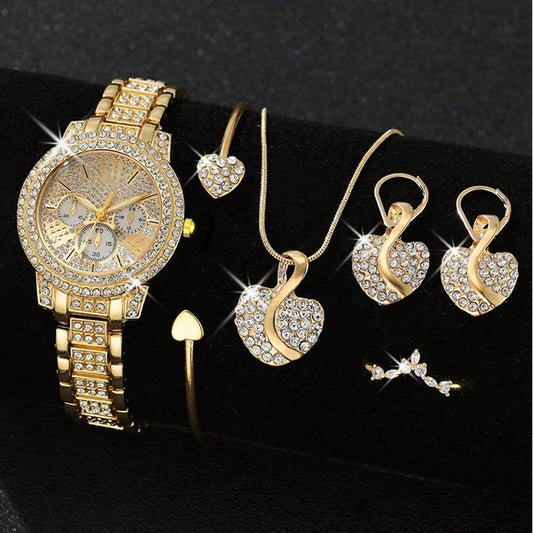 Montre à Quartz pour femmes or luxe femmes bague collier boucle d'oreille strass mode montre-bracelet décontracté dames montres ensemble de bijoux ﻿