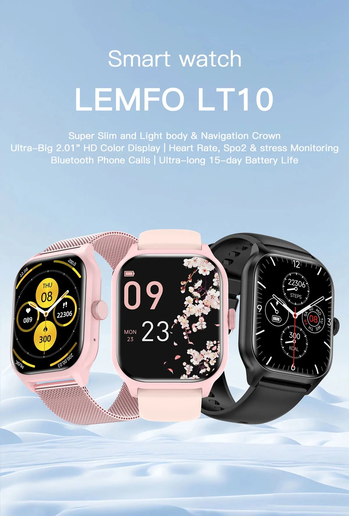 LEMFO Montre intelligente LT10 pour Android appel Bluetooth cadran tactile 2024 musique suivi de la condition physique montres de sport cadeau 2024