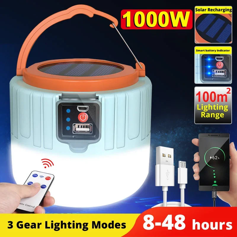 Lampe de camping solaire aste avec batterie externe, lanternes LED avec télécommande, étanche, lampe de poche extérieure, tente