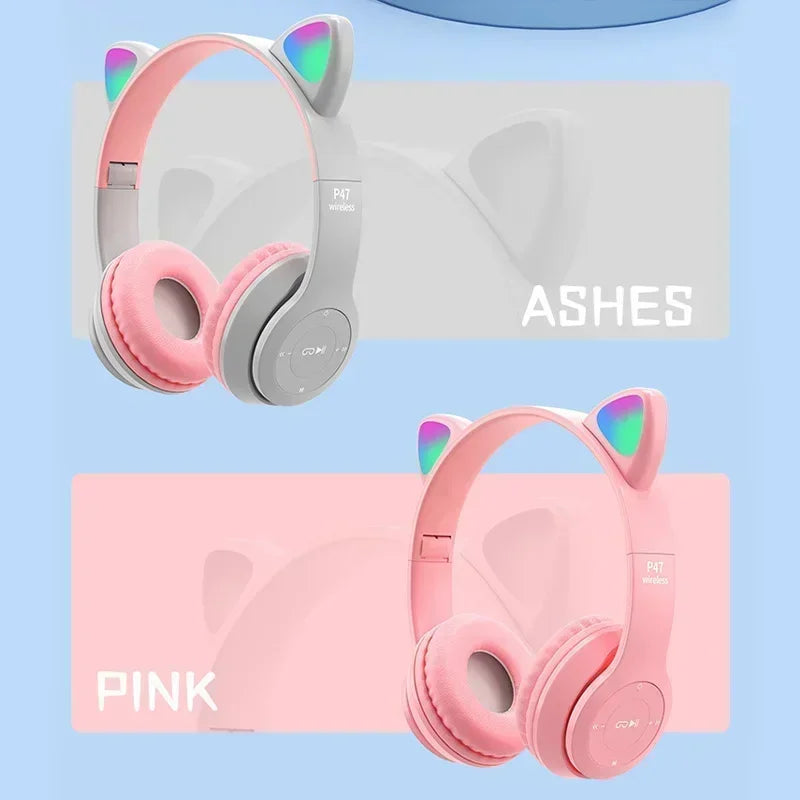 P47M casque sans fil Flash lumière oreilles de chat mignonnes Fone avec contrôle du micro LED stéréo musique casque téléphone Bluetooth casque cadeau