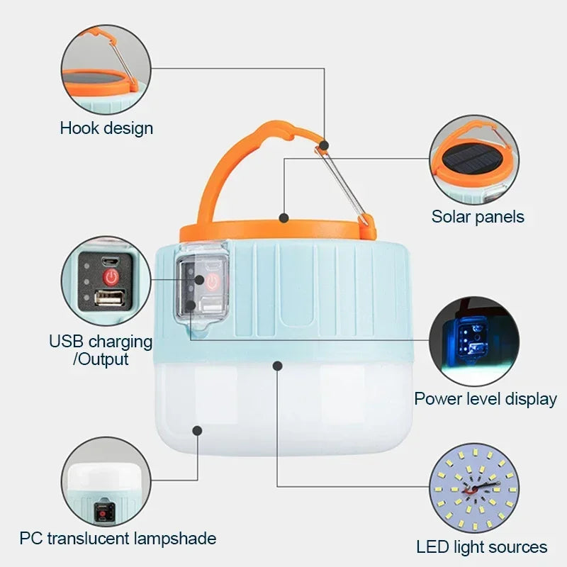 Lampe de camping solaire aste avec batterie externe, lanternes LED avec télécommande, étanche, lampe de poche extérieure, tente