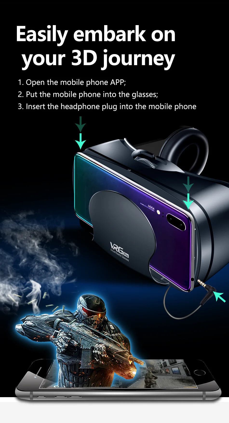 Casque de réalité virtuelle 3D VR, lunettes intelligentes, casque pour Smartphones, téléphone portable, objectifs de 7 pouces, jumelles avec contrôleurs