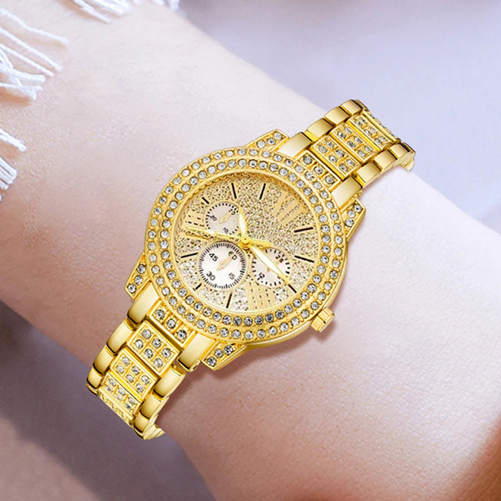 Montre à Quartz pour femmes or luxe femmes bague collier boucle d'oreille strass mode montre-bracelet décontracté dames montres ensemble de bijoux ﻿