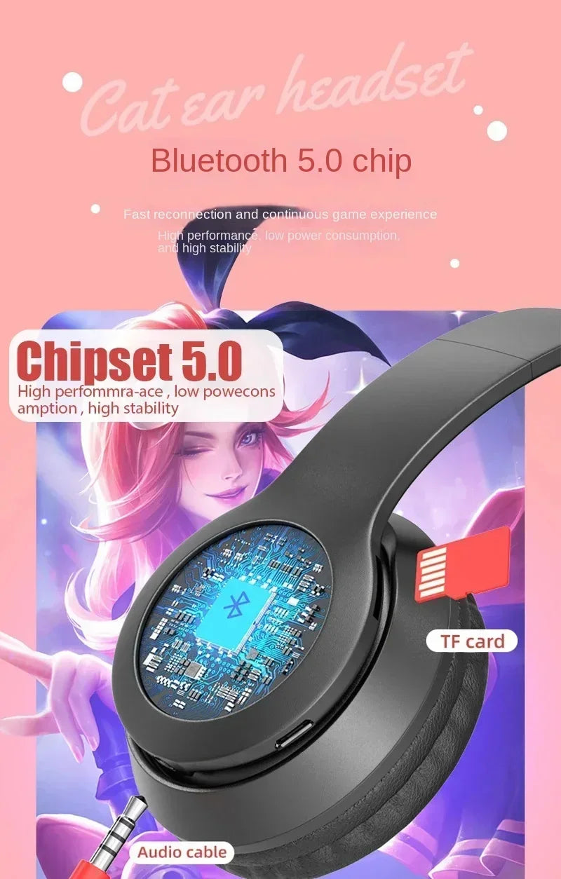 P47M casque sans fil Flash lumière oreilles de chat mignonnes Fone avec contrôle du micro LED stéréo musique casque téléphone Bluetooth casque cadeau