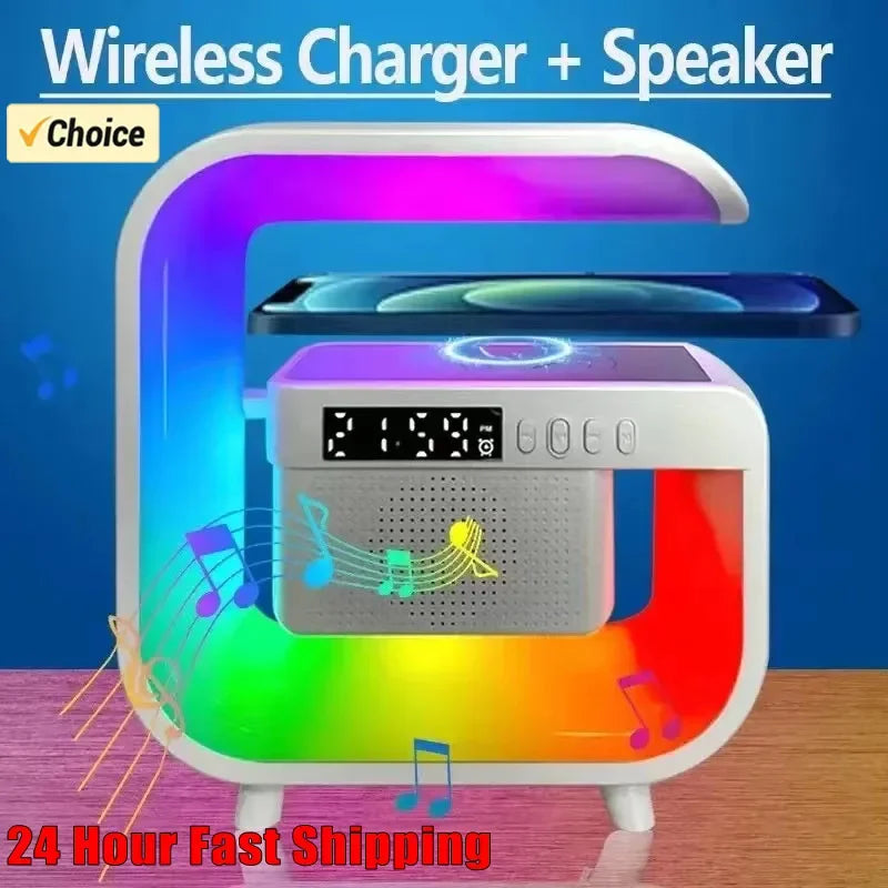 Support de chargeur sans fil multifonction Bluetooth 5.0, haut-parleur FM TF RGB, veilleuse, Station de charge rapide pour iPhone Samsung Xiaomi