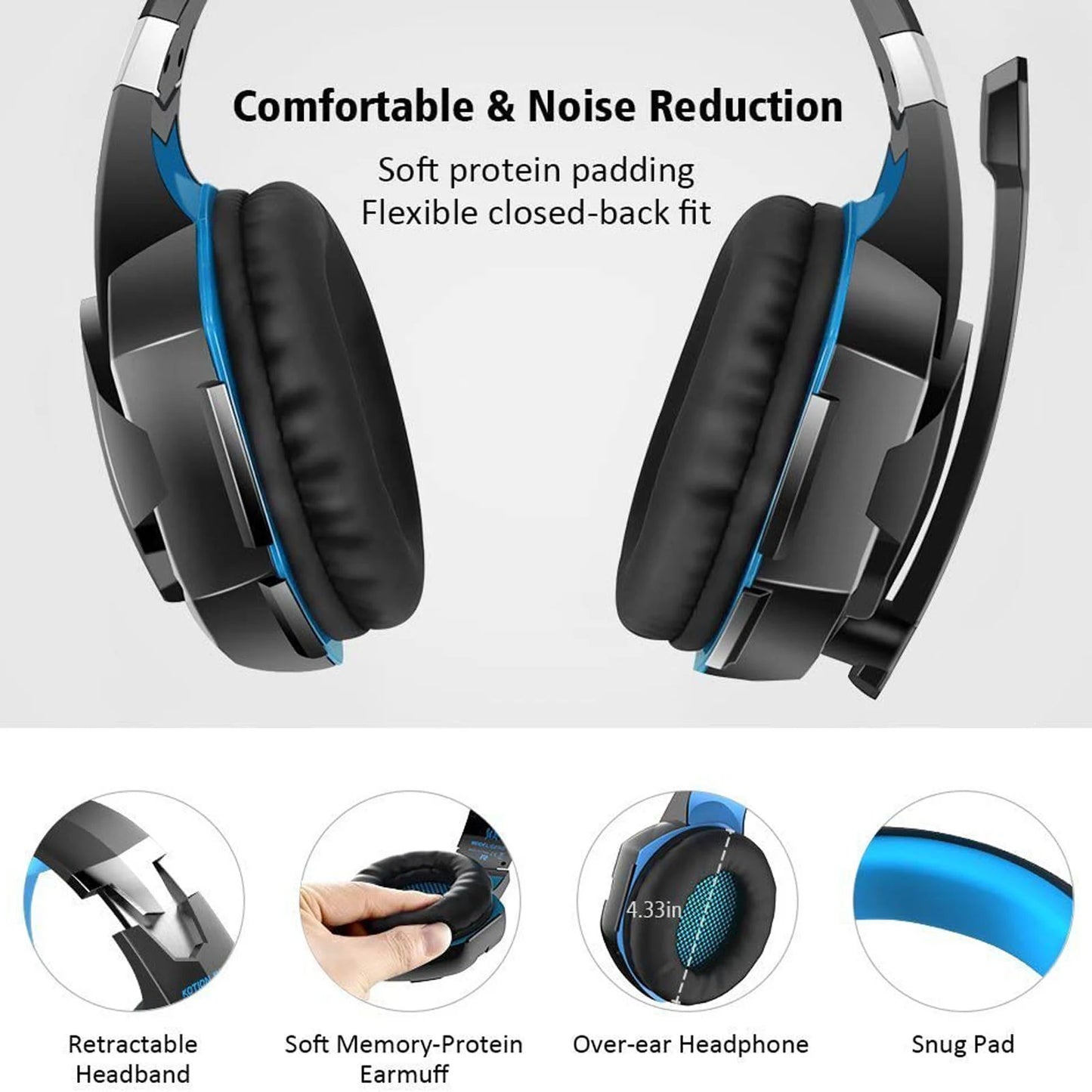 KOTION EACH G2000 Gaming Headset Deep Bass Stereo Game Headphone with Microphone LED Light Soft Memory Earmuffs for PC Laptop