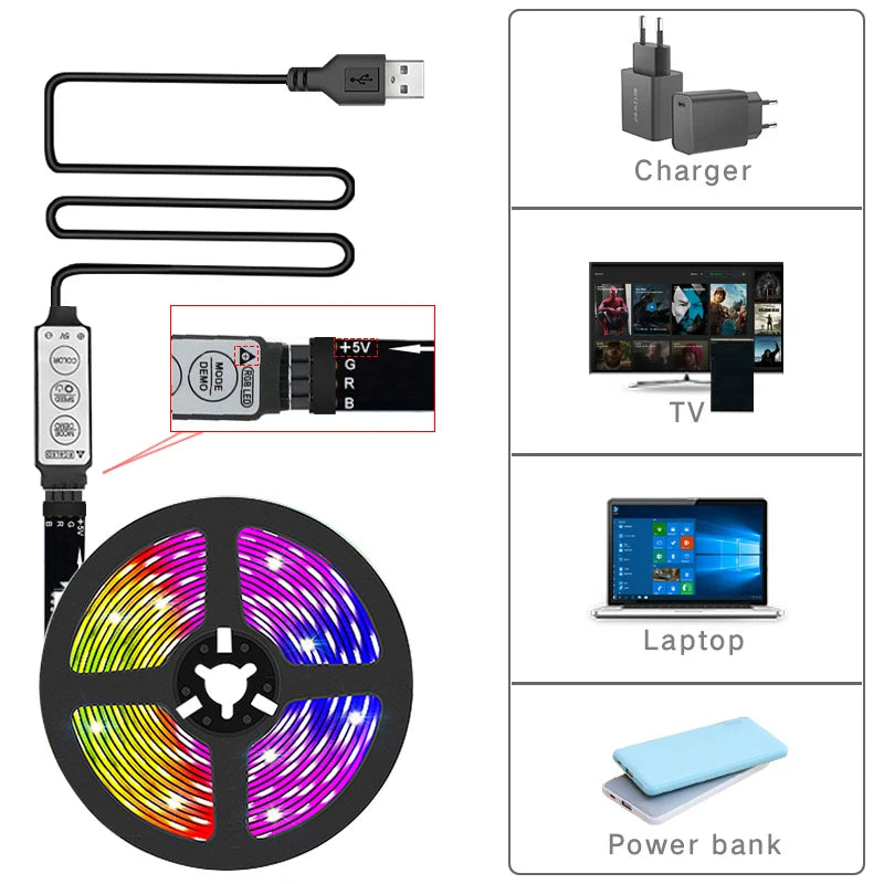 Bande lumineuse LED pour rétroéclairage TV, ruban flexible, USB, 5V, 3 touches de contrôle, décoration de fête à la maison